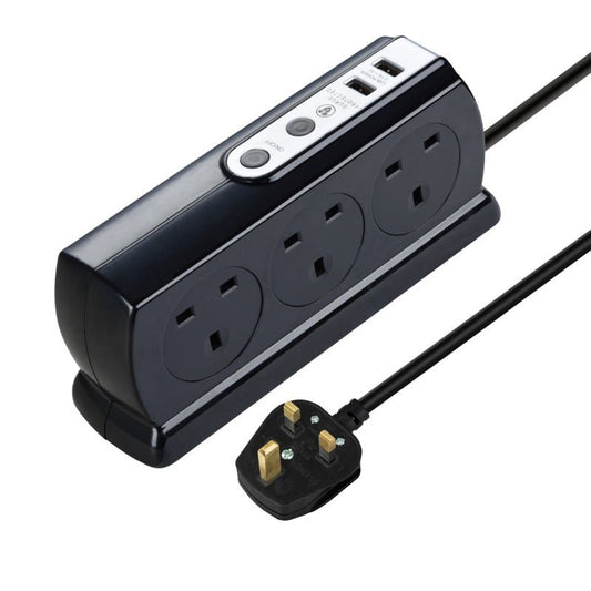 Masterplug Premium 4 Meter 6 Sockets Surge Protected Premium High Gloss Compact Extension Lead with 2 USB Ports Black