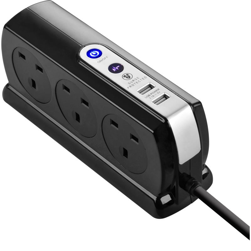Masterplug High Gloss Compact Extension Lead with USB, Surge Protected, 4M Cable, 6 UK Sockets, Dual USB Charging Ports, Black