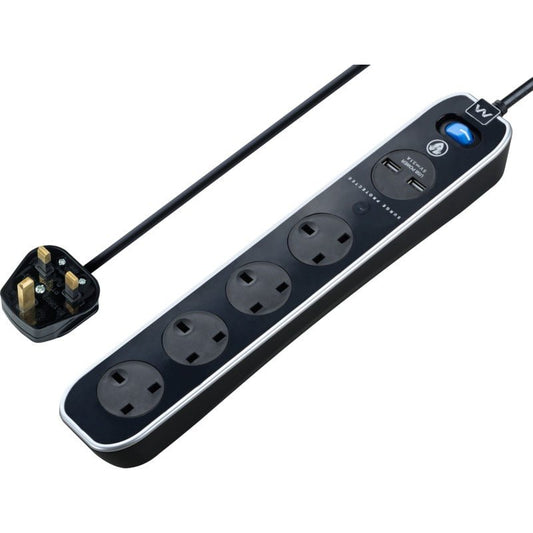 Masterplug Premium 4 Sockets 4 Meter Surge Protected High Gloss Extension Lead with 2 USB Ports, Black