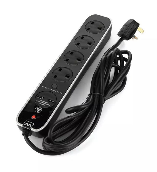 Masterplug Premium 4 Sockets 4 Meter Surge Protected High Gloss Extension Lead with 2 USB Ports, Black
