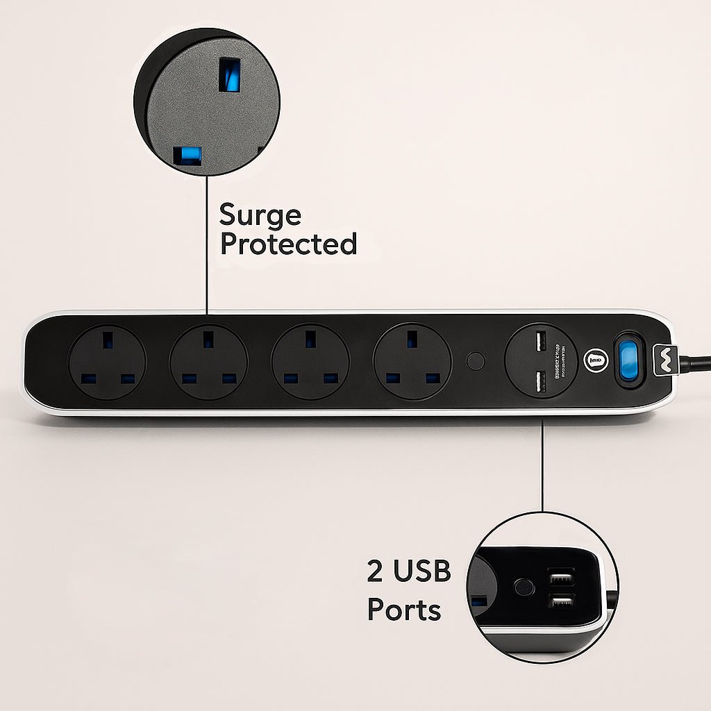 Masterplug High Gloss Surge Protected Extension Lead with 2 USB Charging Ports, 4m Cable, Safety Shutters & Power Indicator – 4 Socket Power Strip