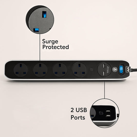 Masterplug Premium 4 Sockets 4 Meter Surge Protected High Gloss Extension Lead with 2 USB Ports, Black
