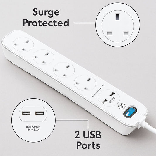Masterplug Premium 4 Sockets 4 Meter Surge Protected High Gloss Extension Lead with 2 USB Ports, White