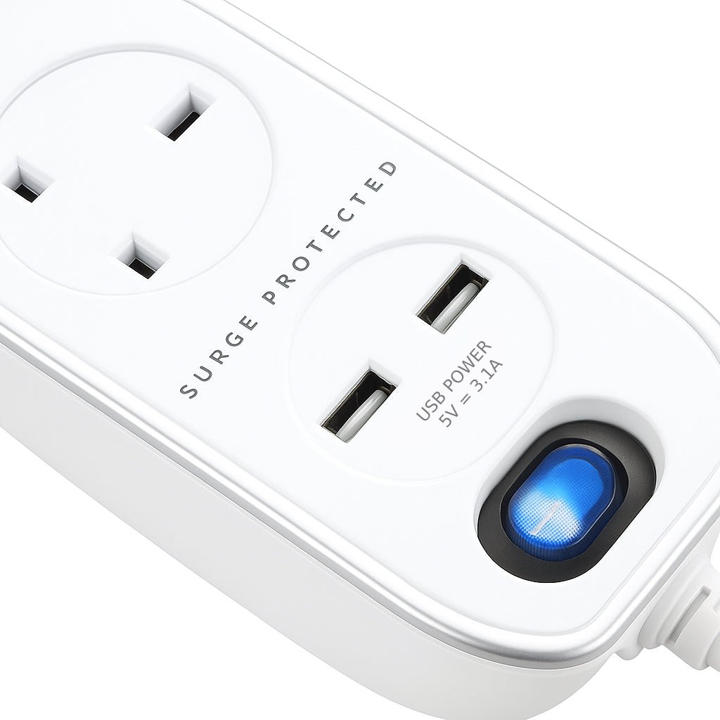 Masterplug High Gloss Surge Protected Extension Lead with 2 USB Charging Ports, 4m Cable, Safety Shutters & Power Indicator – 4 Socket Power Strip, White