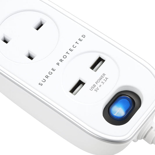 Masterplug Premium 4 Sockets 4 Meter Surge Protected High Gloss Extension Lead with 2 USB Ports, White