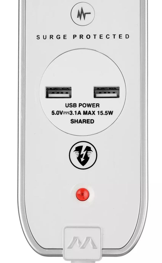 Masterplug Premium 4 Sockets 4 Meter Surge Protected High Gloss Extension Lead with 2 USB Ports, White