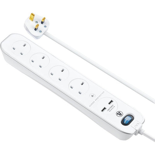 Masterplug Premium 4 Sockets 4 Meter Surge Protected High Gloss Extension Lead with 2 USB Ports, White