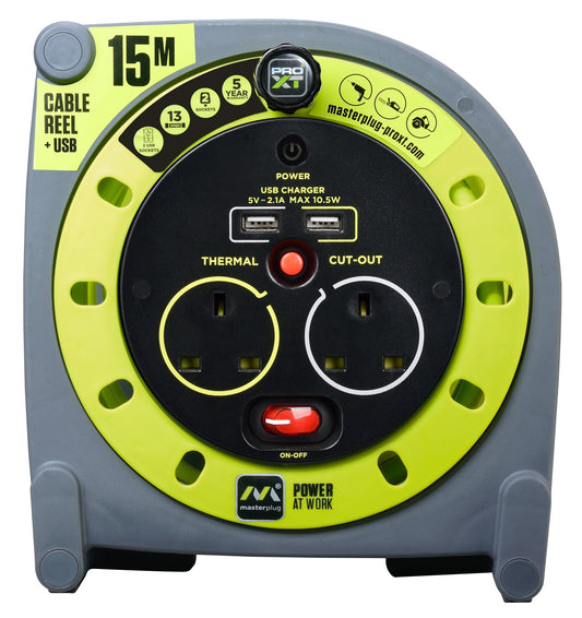 Masterplug PRO XT 15 Meters 2 Socket 13A Open Reel with 2 USB Ports