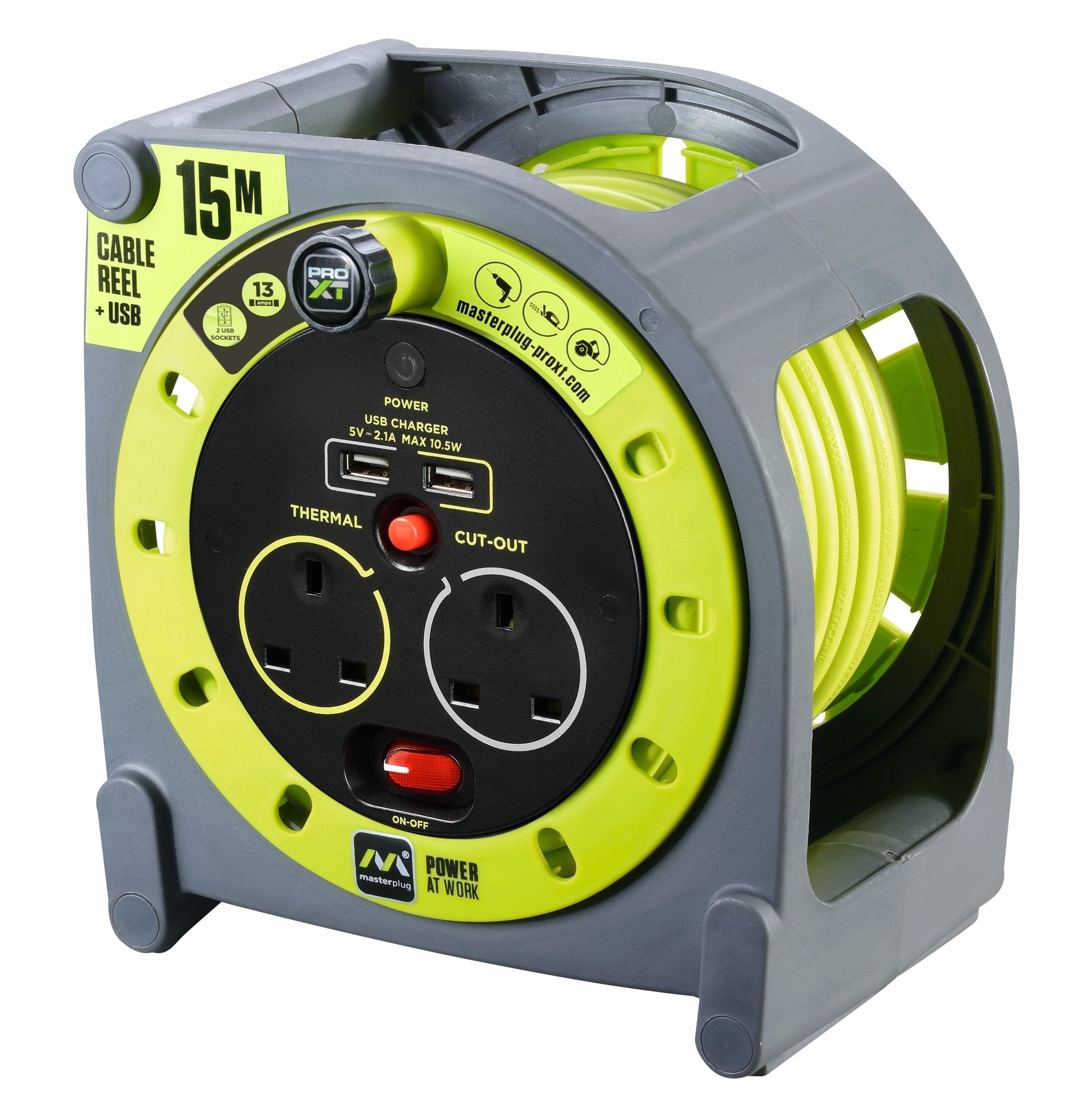 Masterplug PRO XT 15 Meters 2 Socket 13A Open Reel with 2 USB Ports