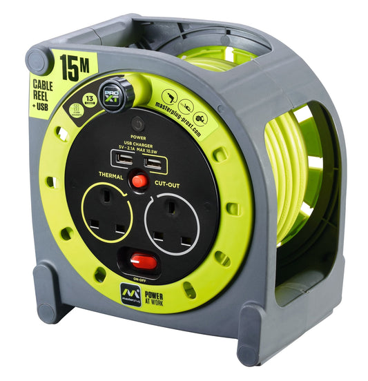 Masterplug PRO XT 15 Meters 2 Socket 13A Open Reel with 2 USB Ports
