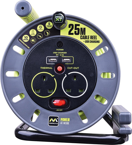 Masterplug PRO XT 25 Meters 2 Sockets 13A Open Reel with 2 USB Ports