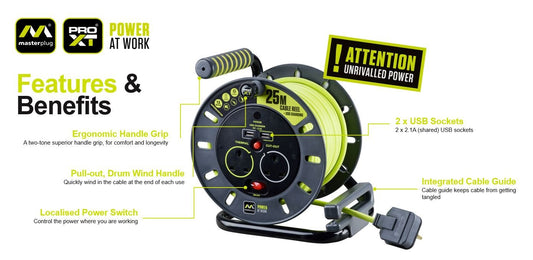 Masterplug PRO XT 25 Meters 2 Sockets 13A Open Reel with 2 USB Ports