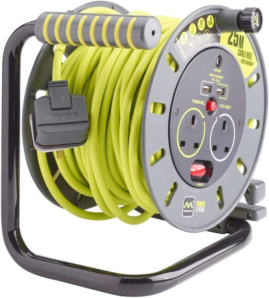 Masterplug PRO XT 25 Meters 2 Sockets 13A Open Reel with 2 USB Ports