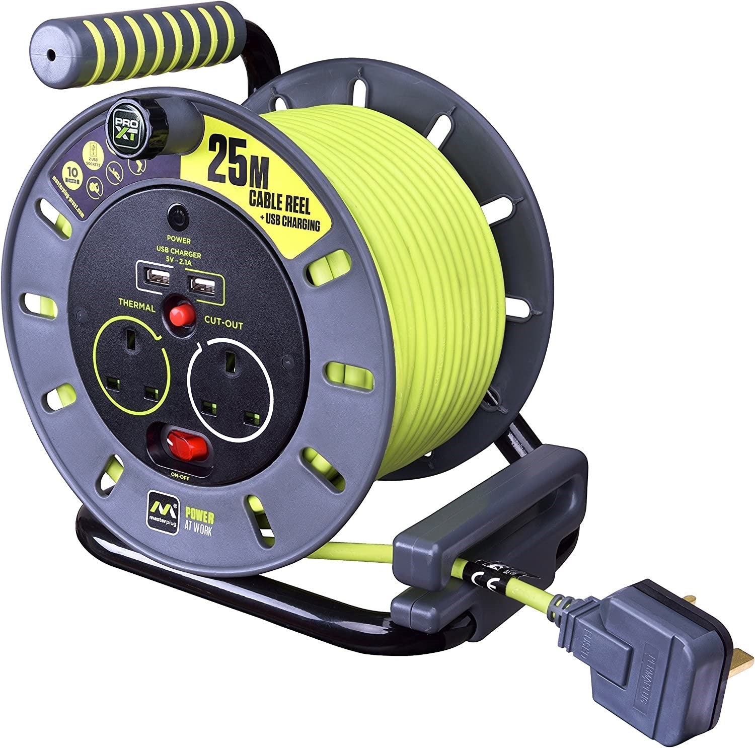 Masterplug PRO XT 25 Meters 2 Sockets 13A Open Reel with 2 USB Ports