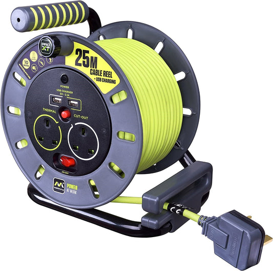 Masterplug PRO XT 25 Meters 2 Sockets 13A Open Reel with 2 USB Ports