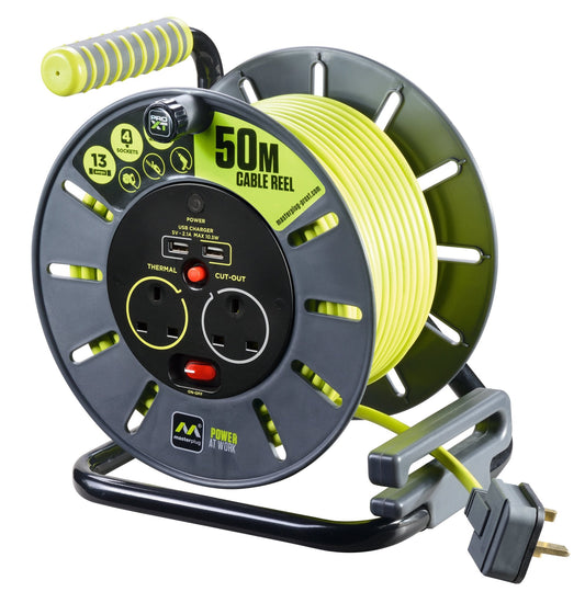 Masterplug PRO XT 50 Meter 2 Socket 13A Open Reel with 2 USB Ports