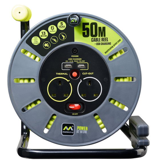 Masterplug PRO XT 50 Meter 2 Socket 13A Open Reel with 2 USB Ports