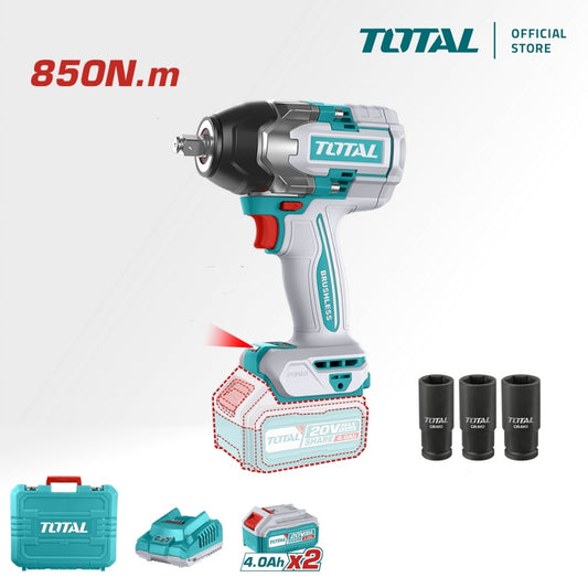 TOTAL Li ion Impact Wrench 300 850Nm Brushless Motor Battery 2 Pc Charger Socket