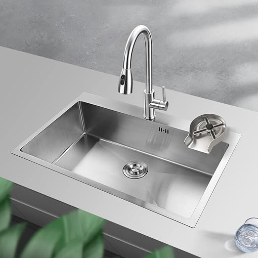 ODONAO 304 Kitchen Sink Stainless Single Bowl Strainer With Faucet And Drainage Assembly Top Mount Or Under Mount 42L x 38W x 20H cm With Accessories (Chrome)