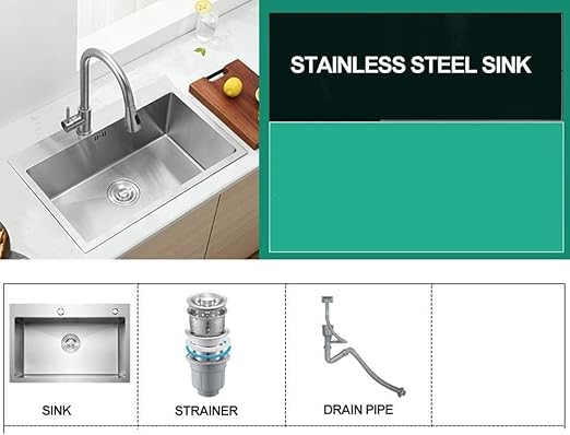 ODONAO 304 Kitchen Sink Stainless Single Bowl Strainer With Faucet And Drainage Assembly Top Mount Or Under Mount 42L x 38W x 20H cm With Accessories (Chrome)