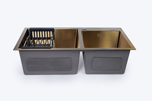 ODONAO 304 Stainless Steel Double Bowl Kitchen Sink with Accessories, Gold Finish, 78×43×24 cm