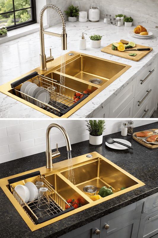 ODONAO 304 Stainless Steel Double Bowl Kitchen Sink with Accessories, Gold Finish, 78×43×24 cm