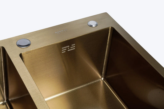 ODONAO 304 Stainless Steel Double Bowl Kitchen Sink with Accessories, Gold Finish, 78×43×24 cm