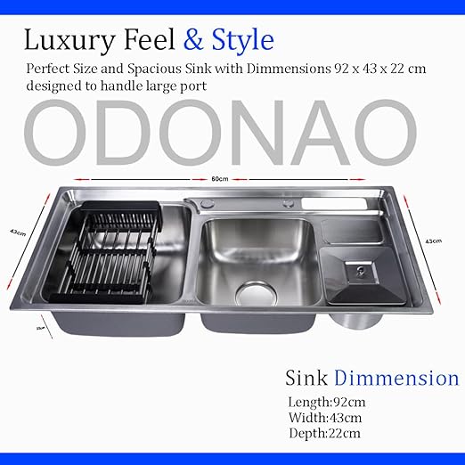 ODONAO 304 Stainless Steel Double Bowl Kitchen Sink with Strainer & Utensil Holder, 92x43x22 cm, Chrome