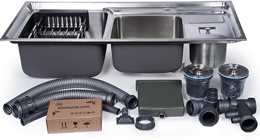 ODONAO 304 Stainless Steel Double Bowl Kitchen Sink with Strainer & Utensil Holder, 92x43x22 cm, Chrome