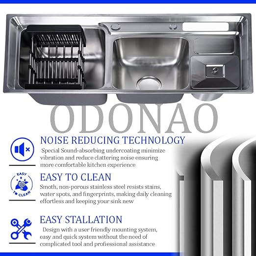ODONAO 304 Stainless Steel Double Bowl Kitchen Sink with Strainer & Utensil Holder, 92x43x22 cm, Chrome