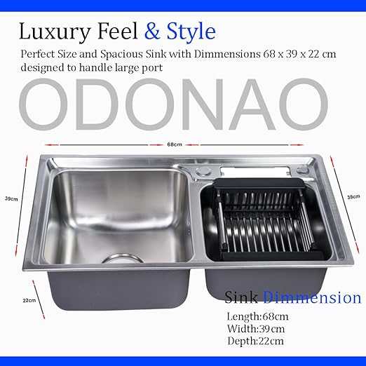 ODONAO 304 Stainless Steel Double Bowl Kitchen Sink with Utensil Holder, 68x39x22 cm, Chrome