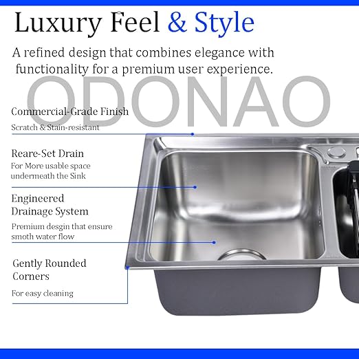 ODONAO 304 Stainless Steel Double Bowl Kitchen Sink with Utensil Holder, 68x39x22 cm, Chrome