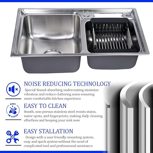 ODONAO 304 Stainless Steel Double Bowl Kitchen Sink with Utensil Holder, 68x39x22 cm, Chrome