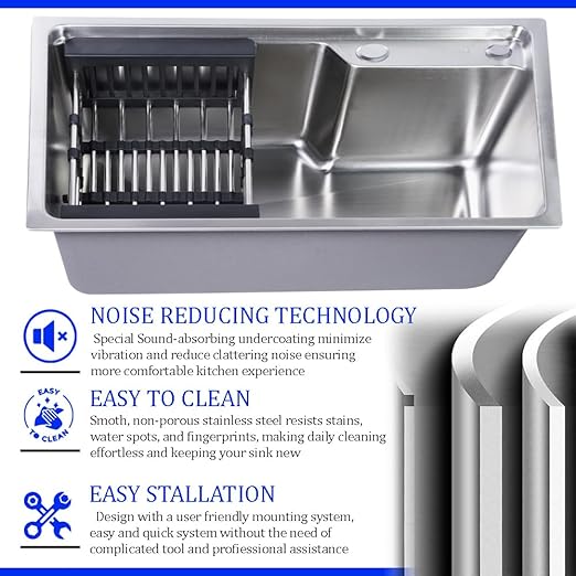 ODONAO 304 Stainless Steel Kitchen Sink, 58x43x22 cm, Chrome Finish, Durable Single Bowl