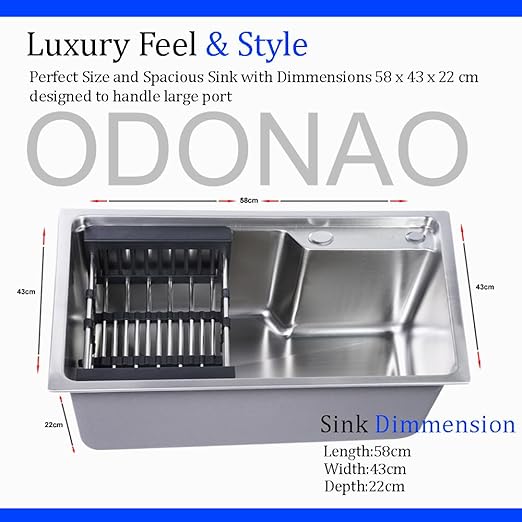 ODONAO 304 Stainless Steel Kitchen Sink, 58x43x22 cm, Chrome Finish, Durable Single Bowl