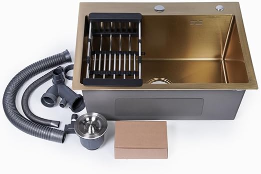 ODONAO 304 Stainless Steel Kitchen Sink, 60x45x22 cm, Chrome Finish, Durable Single Bowl, Modern Design Gold