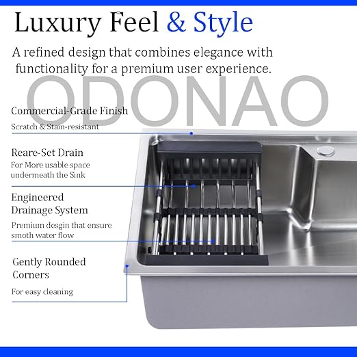 ODONAO 304 Stainless Steel Kitchen Sink, 60x45x22 cm, Chrome Finish, Durable Single Bowl, Modern Design