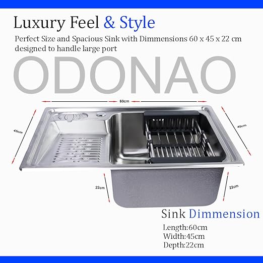 ODONAO 304 Stainless Steel Kitchen Sink, 66x45x22 cm, Chrome Finish, Single Bowl with Strainer