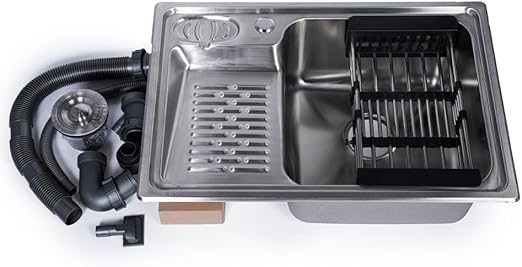 ODONAO 304 Stainless Steel Kitchen Sink, 66x45x22 cm, Chrome Finish, Single Bowl with Strainer