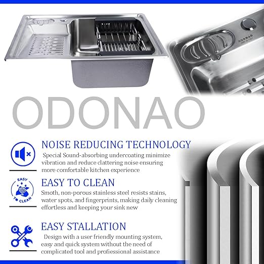 ODONAO 304 Stainless Steel Kitchen Sink, 66x45x22 cm, Chrome Finish, Single Bowl with Strainer