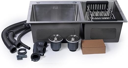 ODONAO 304 Stainless Steel Kitchen Sink, 78x43x22 cm, Double Bowl with Strainer & Utensil Holder