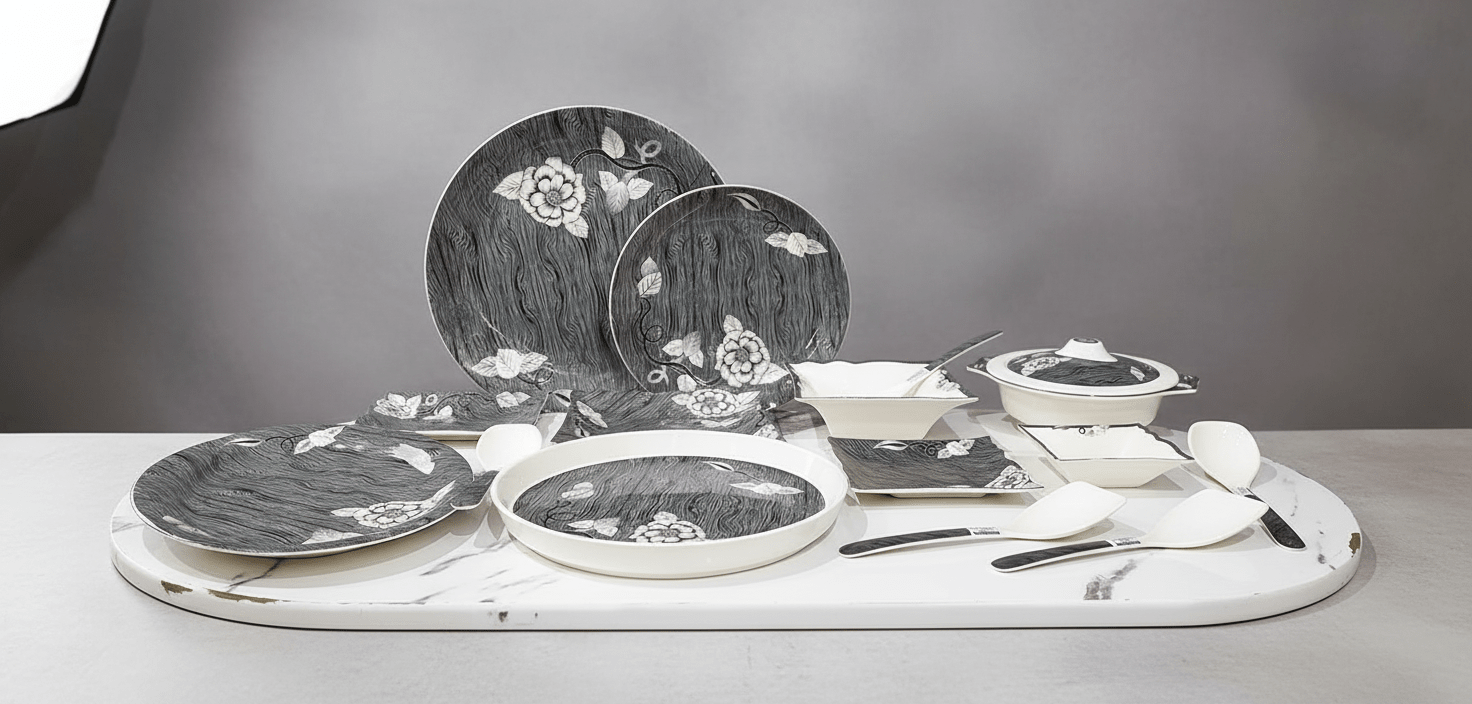 Prime Tableware 47 Pcs Dinner Set | Premium Food-Grade Melamine | Microwave Safe | Complete Plates, Bowls, Trays & Spoons Set for 8 Persons
