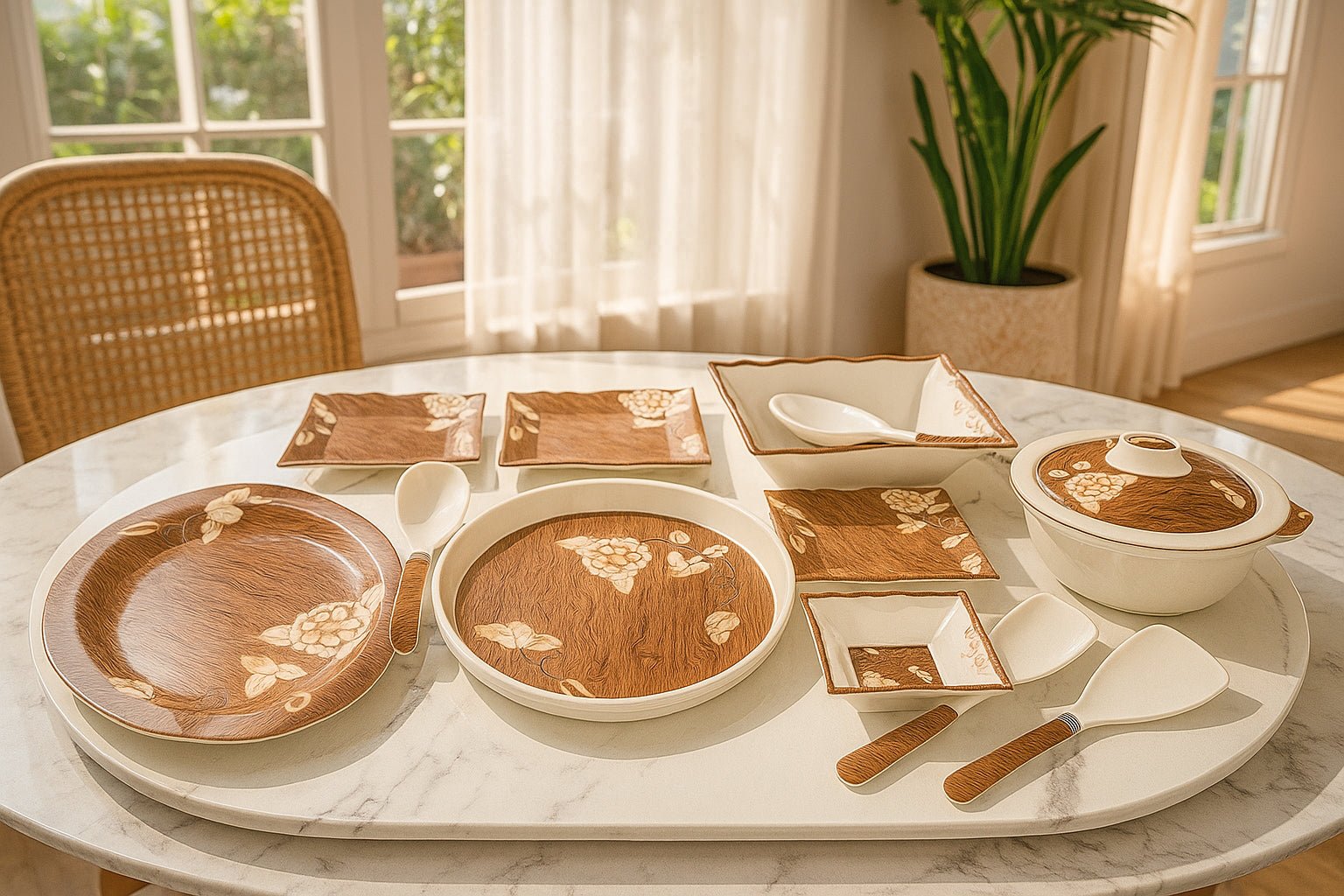Prime Tableware 47 Pcs Dinner Set | Premium Food-Grade Melamine | Microwave Safe | Complete Plates, Bowls, Trays & Spoons Set for 8 Persons