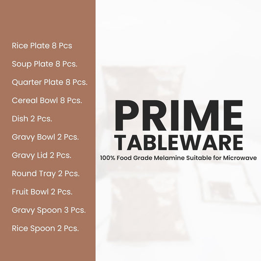 Prime Tableware 47 Pcs Dinner Set | Premium Food-Grade Melamine | Microwave Safe | Complete Plates, Bowls, Trays & Spoons Set for 8 Persons