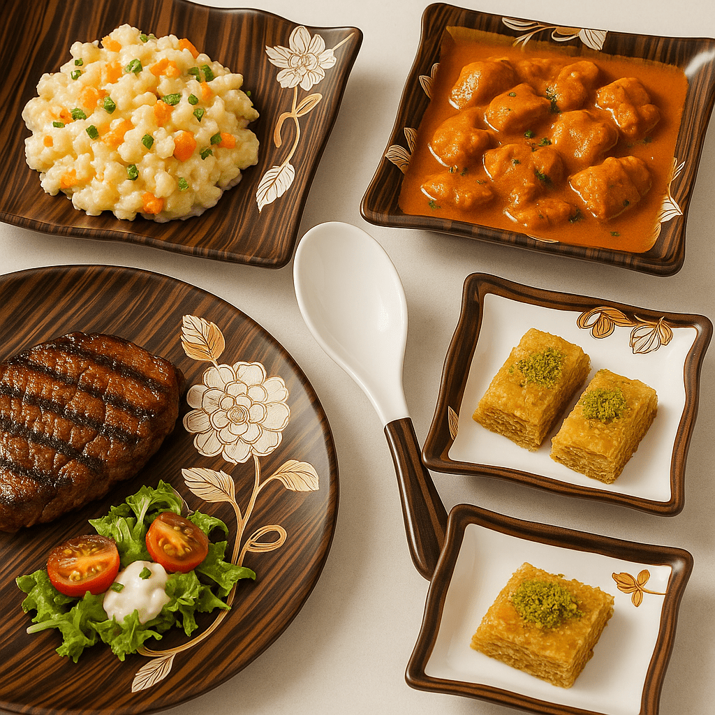 Prime Tableware 47 Pcs Dinner Set | Premium Food-Grade Melamine | Microwave Safe | Complete Plates, Bowls, Trays & Spoons Set for 8 Persons