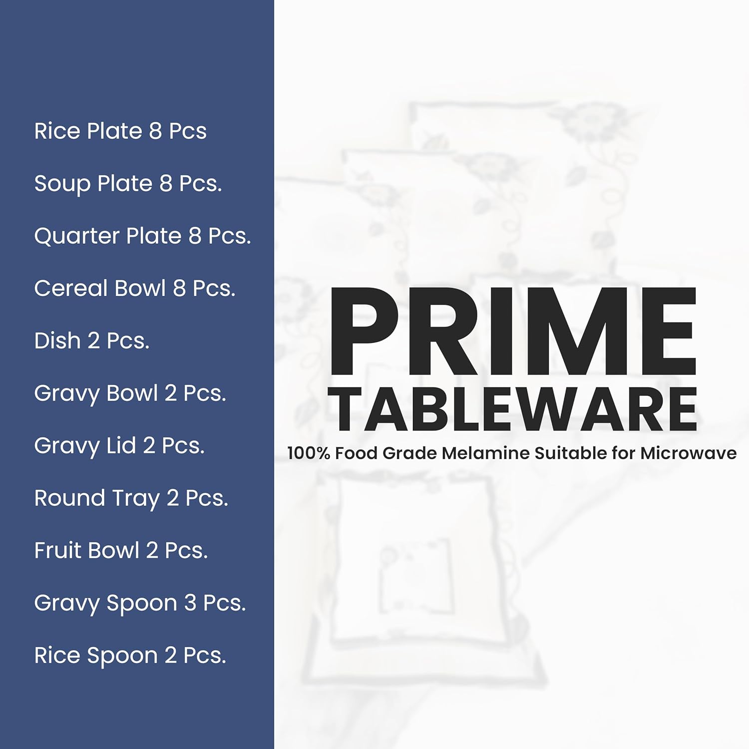 Prime Tableware 47 Pcs Dinner Set | Premium Food-Grade Melamine | Microwave Safe | Complete Plates, Bowls, Trays & Spoons Set for 8 Persons