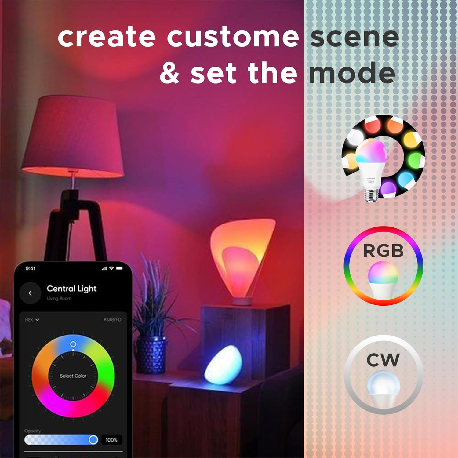 RAFEED Smart WiFi RGBCW LED Bulb E27 12W – 1000LM Dimmable Color Changing Smart Light with App Control & Scheduling