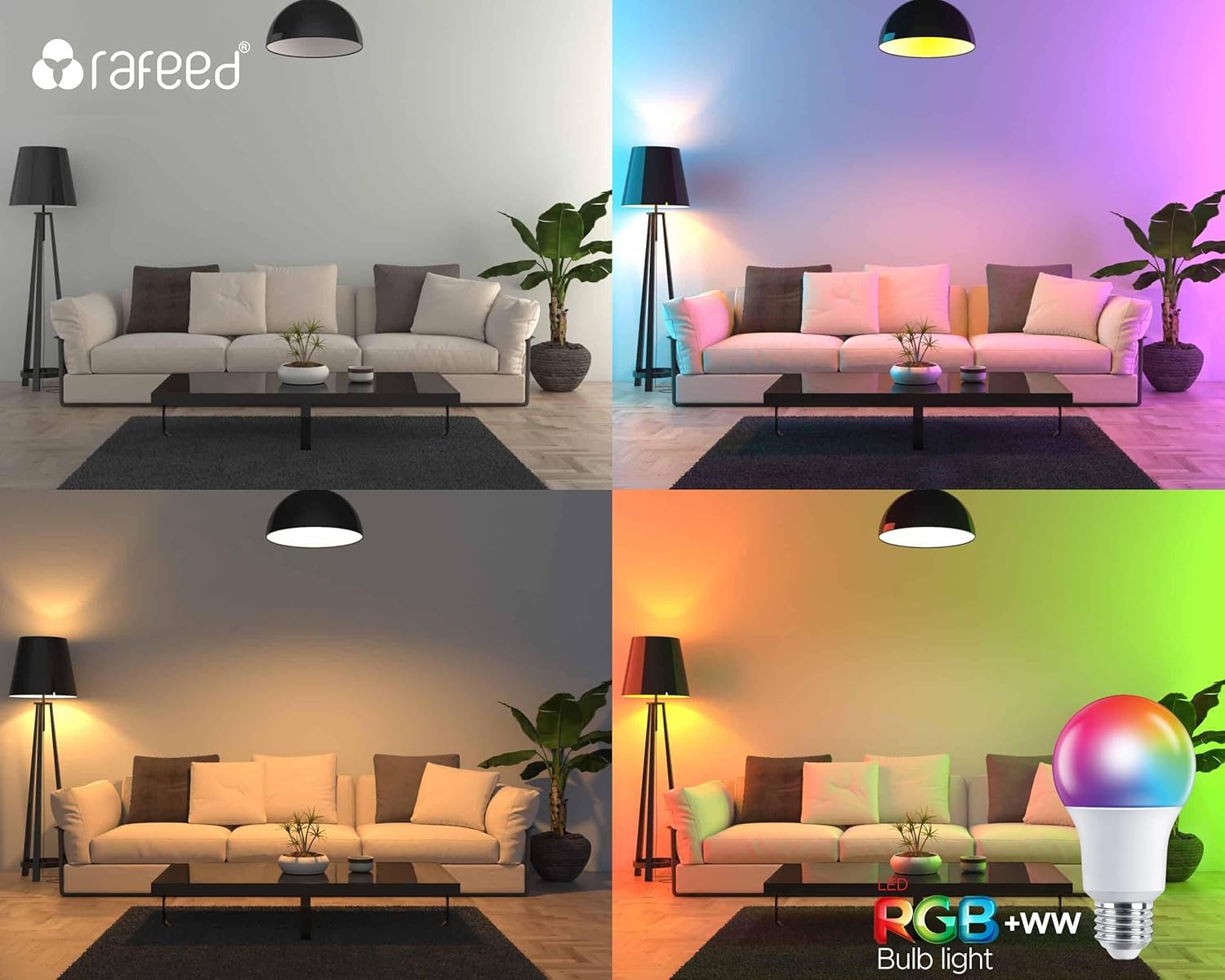 RAFEED Smart WiFi RGBCW LED Bulb E27 12W – 1000LM Dimmable Color Changing Smart Light with App Control & Scheduling