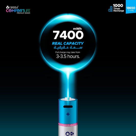 Rafeed 18650 Rechargeable battery, lithium-ion, Type-C charging 5VDC/700mA, with charging cable, 3.7V, 2000mAh, 7400mWh