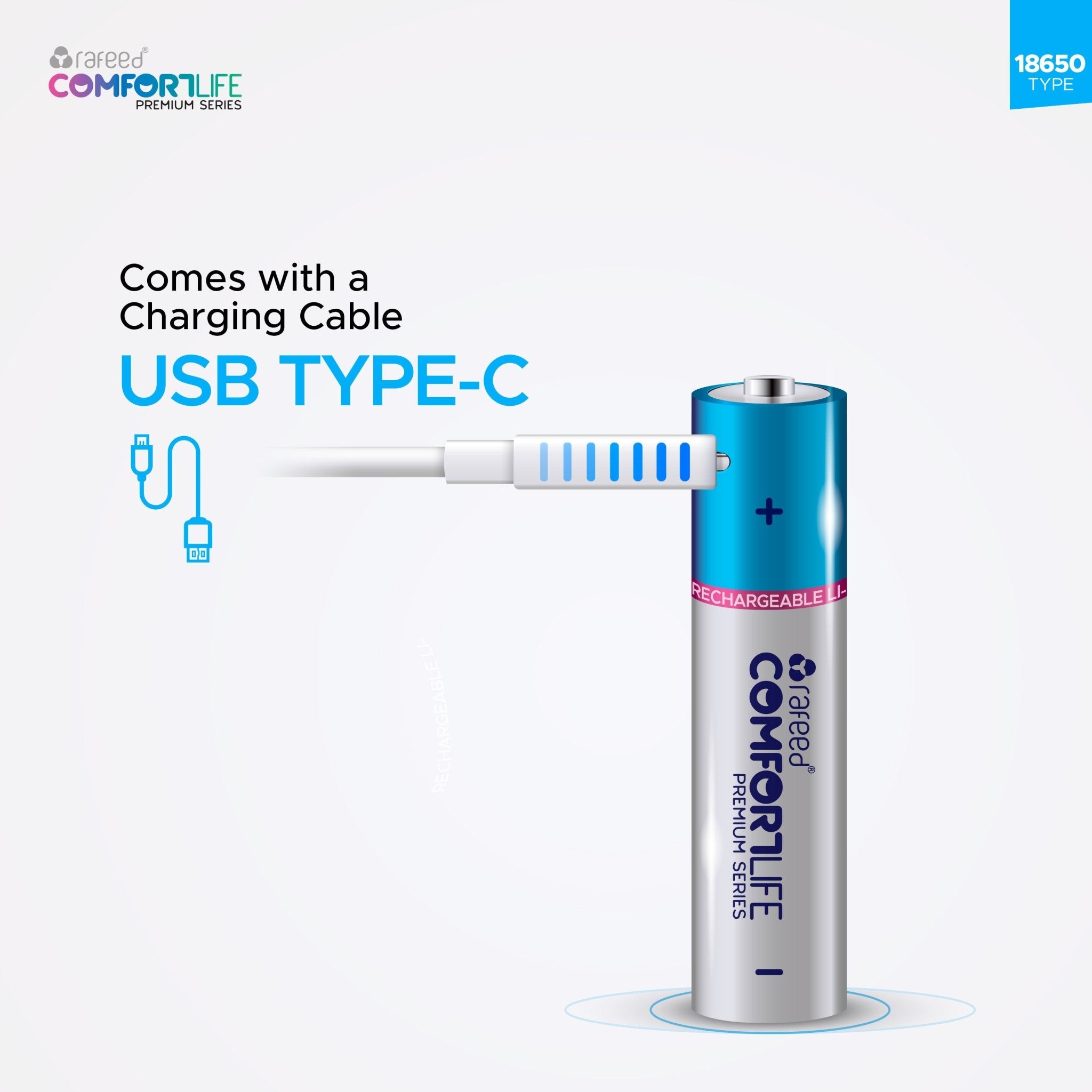 Rafeed 18650 Rechargeable battery, lithium-ion, Type-C charging 5VDC/700mA, with charging cable, 3.7V, 2000mAh, 7400mWh